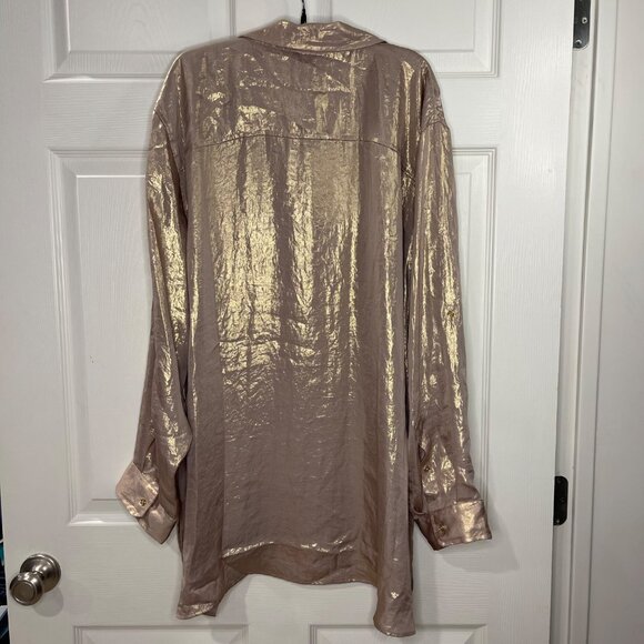Calvin Klein Metallic Blouse Women's Plus Size 3X Roll Tab Sleeves Button Front - Picture 3 of 11